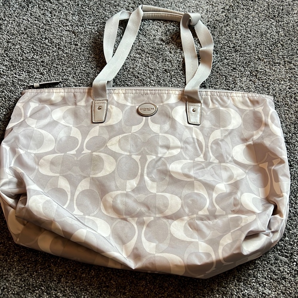 Coach, silver and white tote